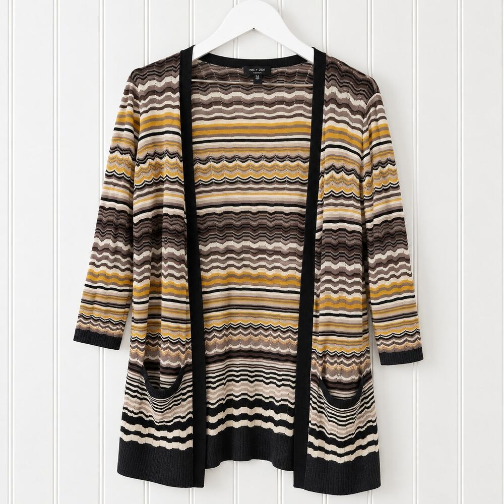 Spense Chevron Cardigan Womens Medium Brown Gold Zigzag Open Front Duster Boho